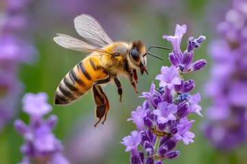 Honey bee flying and approaching lavender flower for pollination