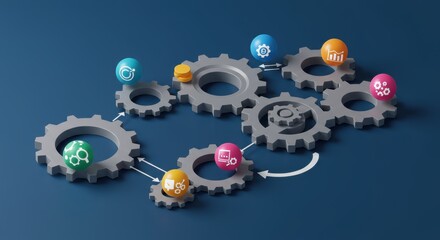 Complex interconnected cogwheels system representing digital transformations integration