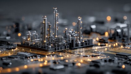 Fototapeta premium Industrial complex miniature, atop circuit board