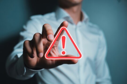 Man holds an attention sign showcasing an urgent warning emphasizing caution and safety in business and communication scenarios requiring immediate action and awareness