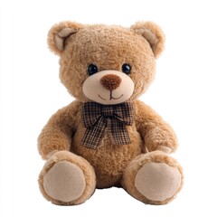 Obraz premium Light brown teddy bear, sitting, wearing a dark-brown plaid bow tie