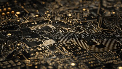 Close-up view of intricate circuit board patterns, highlighted by glowing gold lines and components.  Dark background emphasizes the detailed network