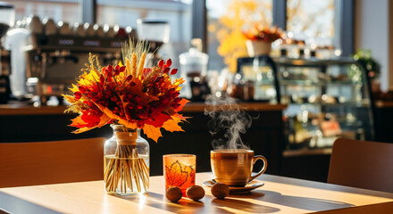 A cozy autumn cafe scene with a vase of colorful leaves and a steaming cup of coffee
