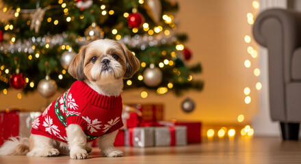 Adorable Shih Tzu dog wearing a festive Christmas sweater, sitting next to a decorated tree