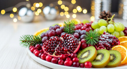 Festive holiday fruit platter with pomegranate, cranberries, kiwi, and grapes, perfect for a Christmas gathering