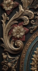 Ornate decorative panel, detailed in a rich, bronze tone, features scrolling foliage, flowers, and intricate design elements.  Dark background with contrasting teal accents