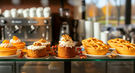 Delicious autumn pastries and cakes on display in a cafe, including pumpkin tarts and mini pies