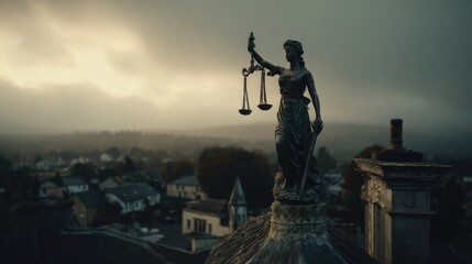 Fototapeta premium A weathered bronze statue of Lady Justice, holding scales and a sword, perched atop a building.