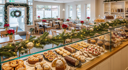 A cozy Christmas-decorated bakery interior filled with a wide variety of festive cakes and pastries