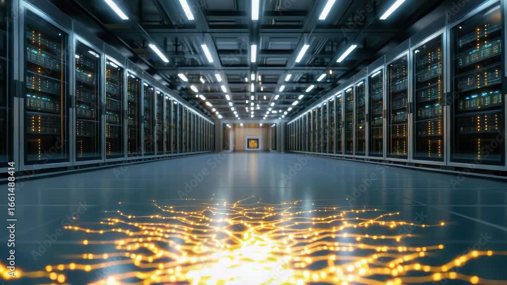 Aufkleber futuristic data center featuring illuminated servers and digital network pathways