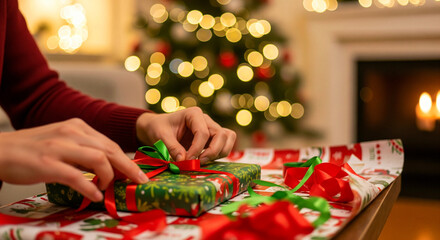 Close-up of hands wrapping a Christmas gift with festive paper and a red ribbon