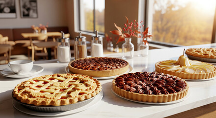 Assortment of delicious homemade fruit and pecan pies on a marble counter in a cozy caf&eacute; setting