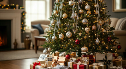 A festive Christmas tree with sparkling ornaments and wrapped gifts, creating a cozy holiday atmosphere