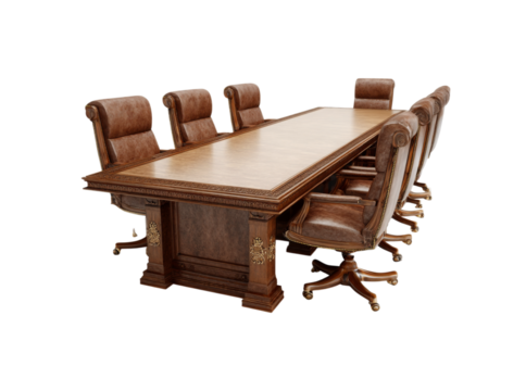 Elegant conference table with leather chairs boardroom furniture, Isolated On Transparent Background