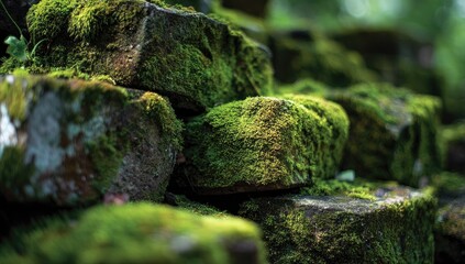 Moss-covered brick wall close-up