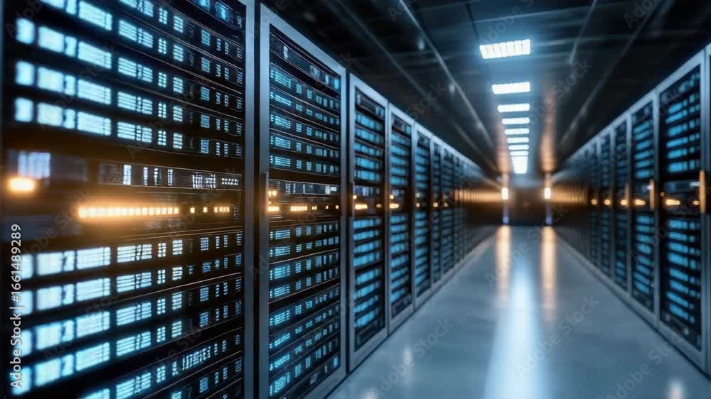 Poster illuminated data center featuring server racks and modern design for digital storage technology