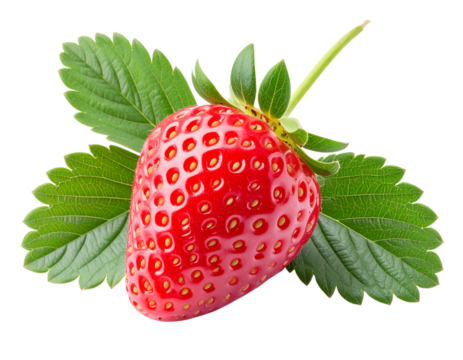 Fraise Unique avec Feuilles Vertes et Tige, Vue en Angle, isolé sur fond transparent png