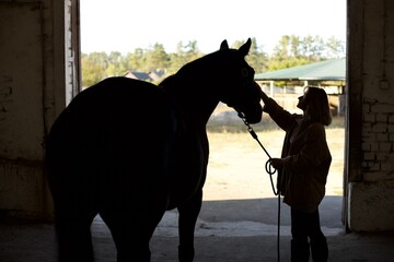 A woman stands in a stable doorway, lovingly touching the head of a large black horse. The sunlight streams in, illuminating the peaceful atmosphere of the countryside.