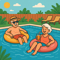 Happy Senior Couple Floating on Pool Tubes, Summer Lifestyle - Vector Illustration