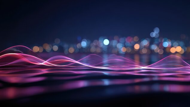 Abstract cityscape with vibrant pink and purple waveforms.  City lights softly blur in the background