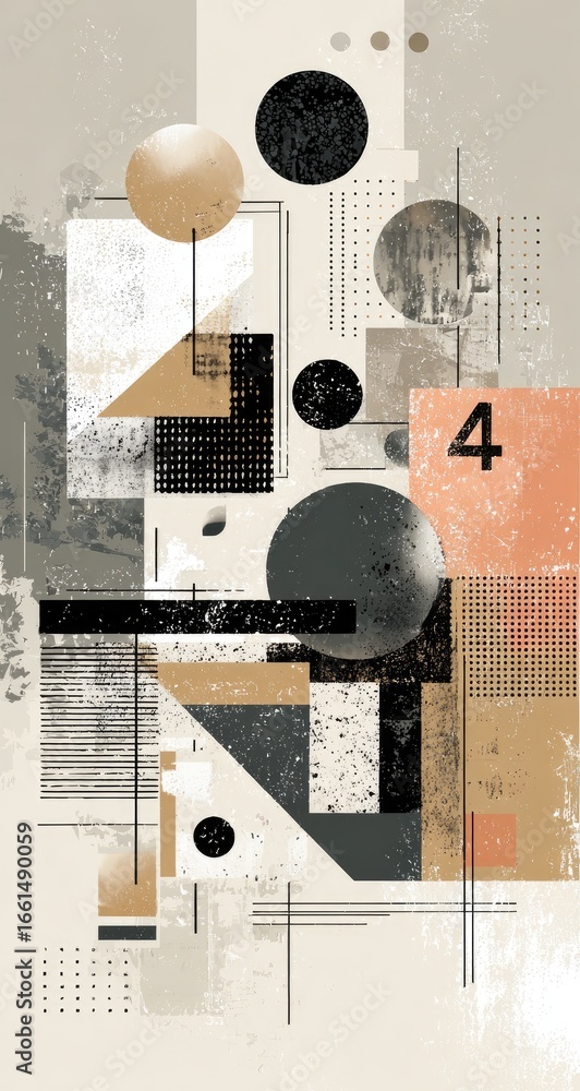 Poster abstract geometric composition featuring layered shapes and textures in muted tones