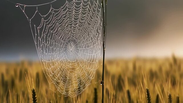 Delicate spiderweb with morning dew in a golden wheat field
