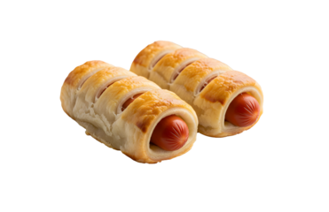 Two sausage rolls made with Vienna sausages, wrapped in puff pastry, served on a plate against a light backdrop.

