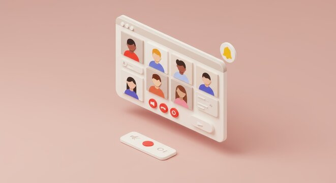 Isometric virtual meeting interface displaying diverse participants on soft background