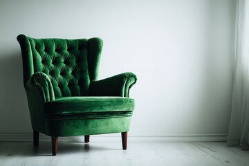 Green velvet armchair against plain white wall, minimal interior design concept, highlighting texture, color contrast, and modern home decor aesthetics