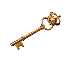 Elegant Crown-Topped Gold Key on Textured Purple Cloth, Close-Up Perspective, isolated on transparent background png