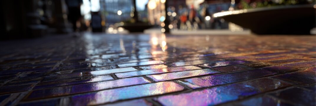 Close-up of multicolored mosaic pavement reflecting city scene