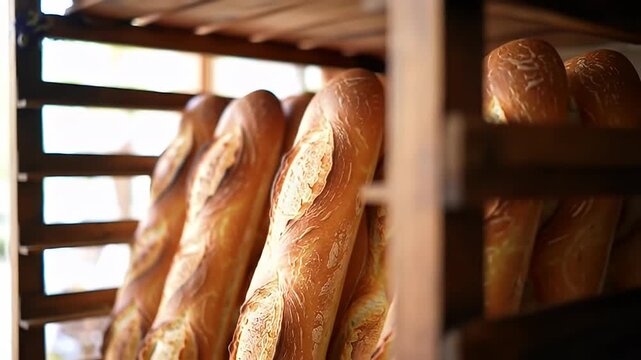 Several fresh baguettes sit packed into a wooden bakery storage rack indoors