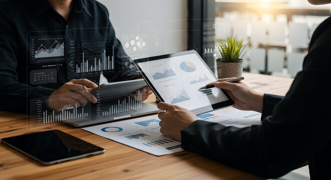 Two professional businesspeople holding digital tablets and working on colorful charts, pie graphs, KPI indicators, and financial statistics