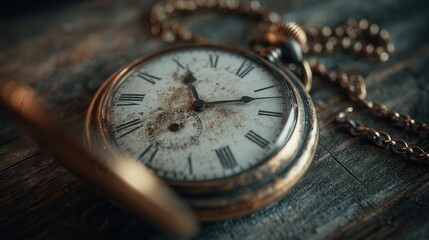 Vintage pocket watch resting on wooden surface with patina and charm from a bygone era