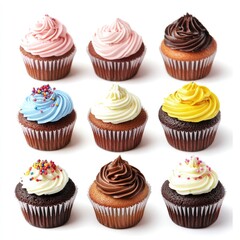 Nine cupcakes with various colorful frosting and sprinkles