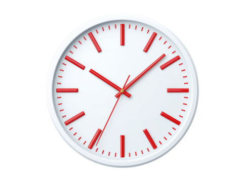 Modern white clock with red markers time management concept, Isolated On Transparent Background