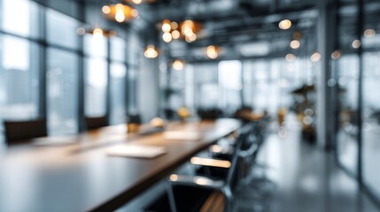 Modern blurred office interior with professional meeting setup, corporate workspace environment for teamwork, collaboration, and business strategy concepts