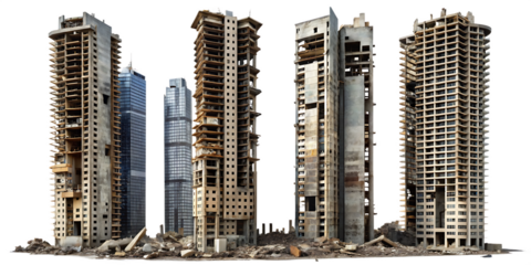 Set of Ruined Skyscrapers Isolated on White Background as Transparent. PNG. AI GENERATED