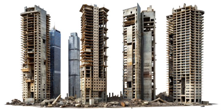 Set of Ruined Skyscrapers Isolated on White Background as Transparent. PNG. AI GENERATED - Powered by Adobe