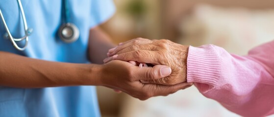 The compassionate healthcare professional holds an elderly person's hand for support.