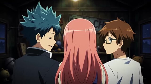 Anime-style view of three young people in a dimly lit room, facing objects