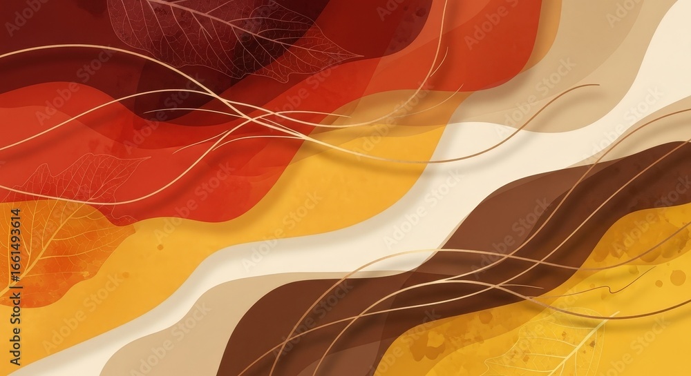 Poster abstract autumn background with wavy organic shapes. fall design with subtle skeleton leaf texture. 