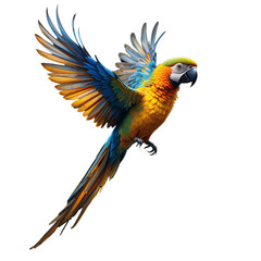 Fototapeta premium Stunning macaw parrot in flight showcasing vibrant feathers against a dark backdrop 
