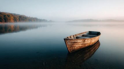 Solitary wooden boat floating peacefully on calm lake during serene dawn light