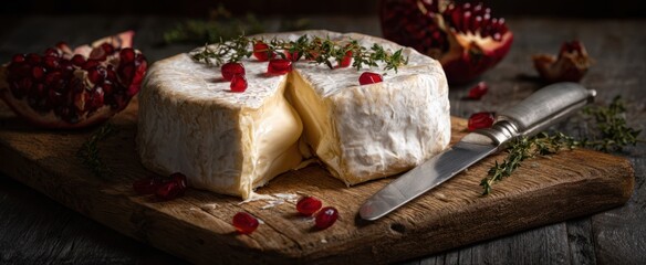 The delectable brie cheese accompanied by pomegranate and fresh herbs on a wooden board.