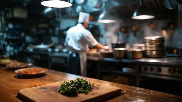 Professional chef cooking in modern restaurant kitchen, close-up of fresh herbs on wooden cutting board in foreground, cinematic lighting, bokeh background, high-quality stock video for culinary theme