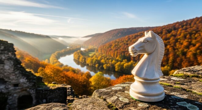 Photo of a white chess knight piece stands on a rocky outcrop overlooking a valley with a winding river and autumn foliage, symbolizing strategy and intellectual challenge in a natural landscape