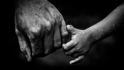 Fototapeta premium A grayscale close-up of two hands, one adult, one child, clasped together. Dark background