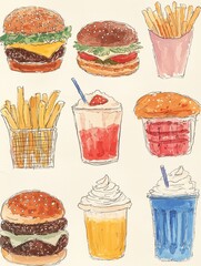 Illustration of junk food, including hamburgers, fries, and shakes, hand-drawn with pencils on a white background