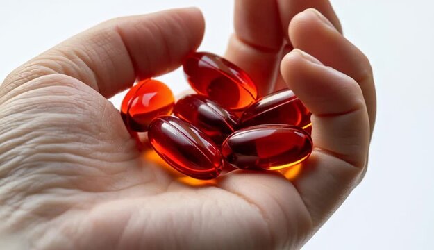 human hand holding several glossy red softgel capsules, realistic skin texture, white bright studio lighting